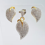 Leaf Shape Brass Earrings & Pendant with Cubic Zirconia