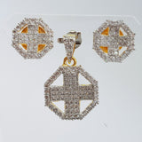 Octagon Shape Brass Earrings & Pendant with Cubic Zirconia